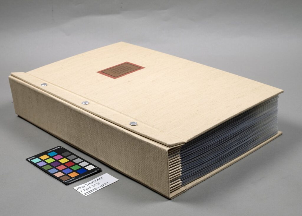 The scrapbook in its new binding after conservation treatment.