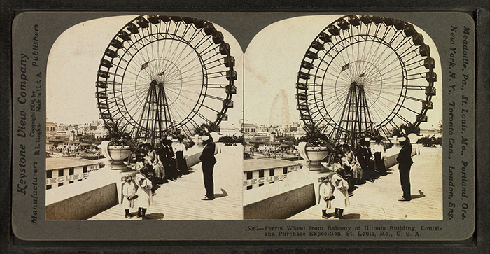 Stereoscopic card showing the Ferris Wheel at the 1904 World’s Fair, St. Louis.