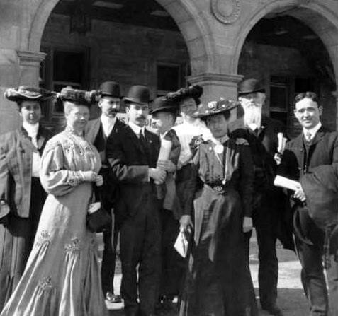 1904 Annual Conference attendees (in unknown order): Mary Letitia Jones (Los Angeles Public Library), Charles Wesley Smith (Seattle Public Library), Walter M. Smith (University of Wisconsin, Madison), Frank Barna Bigelow (New York Society Library), Frank Pierce Hill (Brooklyn Public Library), Isabel Ely Lord (Pratt Institute Free Library), Helen Elizabeth Haines (managing editor, Library Journal), Aksel Andersson (Uppsala University, Sweden). Photo: ALA Archives.