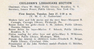 Agenda for the Children’s Librarians Section on June 27, 1922, including the first presentation of the John Newbery Medal.