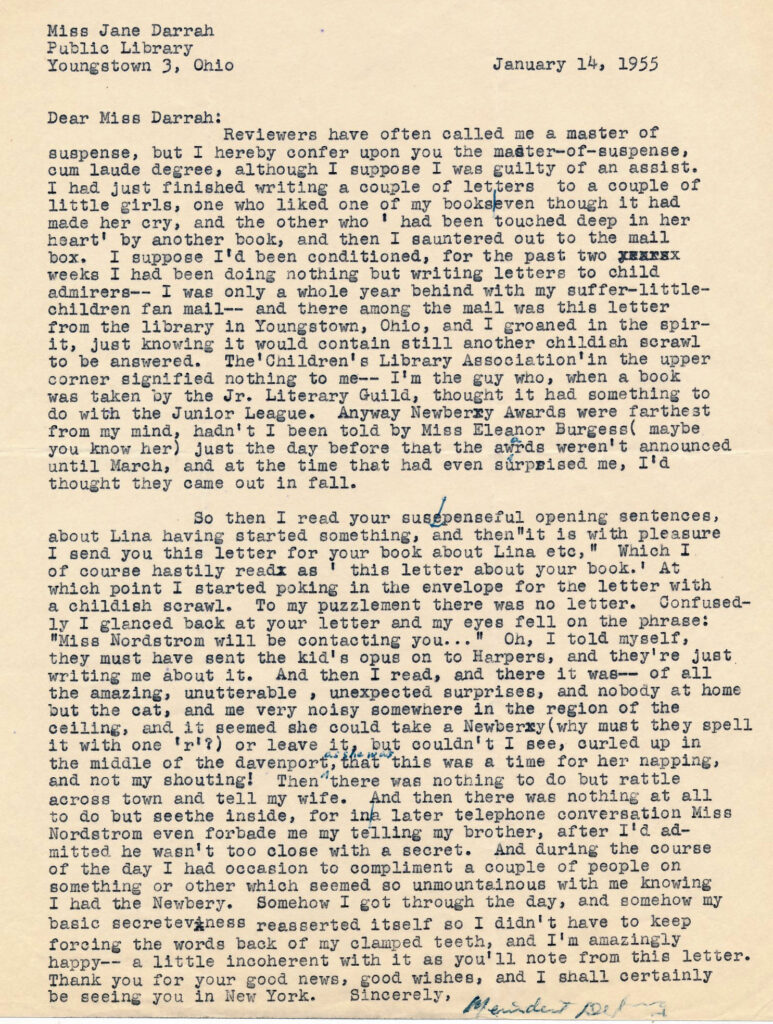 Letter from Meindert De Jong to Jane Darrah, January 14, 1955.