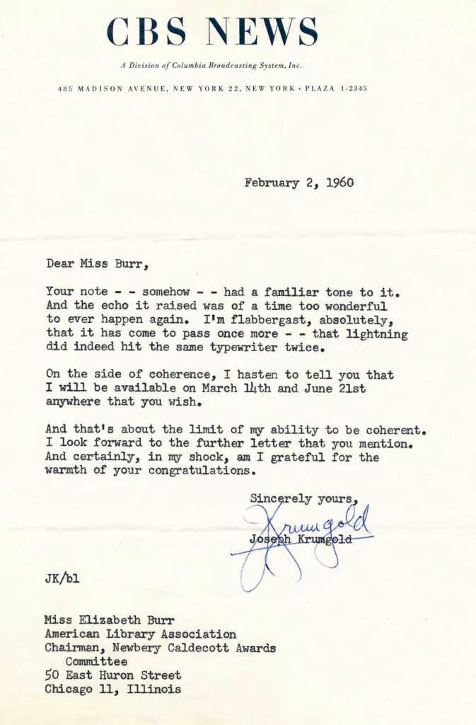 Letter from Joseph Krumgold to Elizabeth Burr, February 2, 1960.