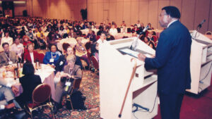 Keynote speaker E.J. Josey speaking at the Martin Luther King, Jr. Holiday Observation and Sunrise Celebration at the 2000 ALA Midwinter Meeting in San Antonio.
