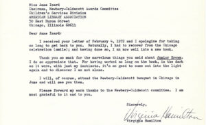 Detail of letter from Virginia Hamilton to Anne Izard, February 24, 1972.