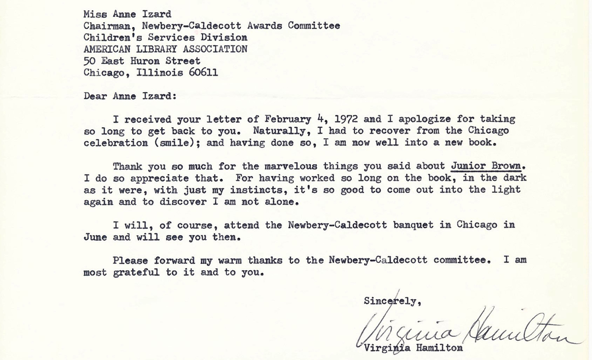 Detail of letter from Virginia Hamilton to Anne Izard, February 24, 1972.