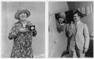 Left: Effie Power with Newbery medal, Los Angeles, 1930. Right: Rachel Field and Milton J. Ferguson. Ferguson announced to Field that “Hitty” was chosen to receive the Newbery Medal. Los Angeles Conference, 1930.