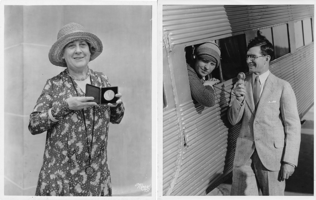 Left: Effie Power with Newbery medal, Los Angeles, 1930. Right: Rachel Field and Milton J. Ferguson. Ferguson announced to Field that “Hitty” was chosen to receive the Newbery Medal. Los Angeles Conference, 1930.