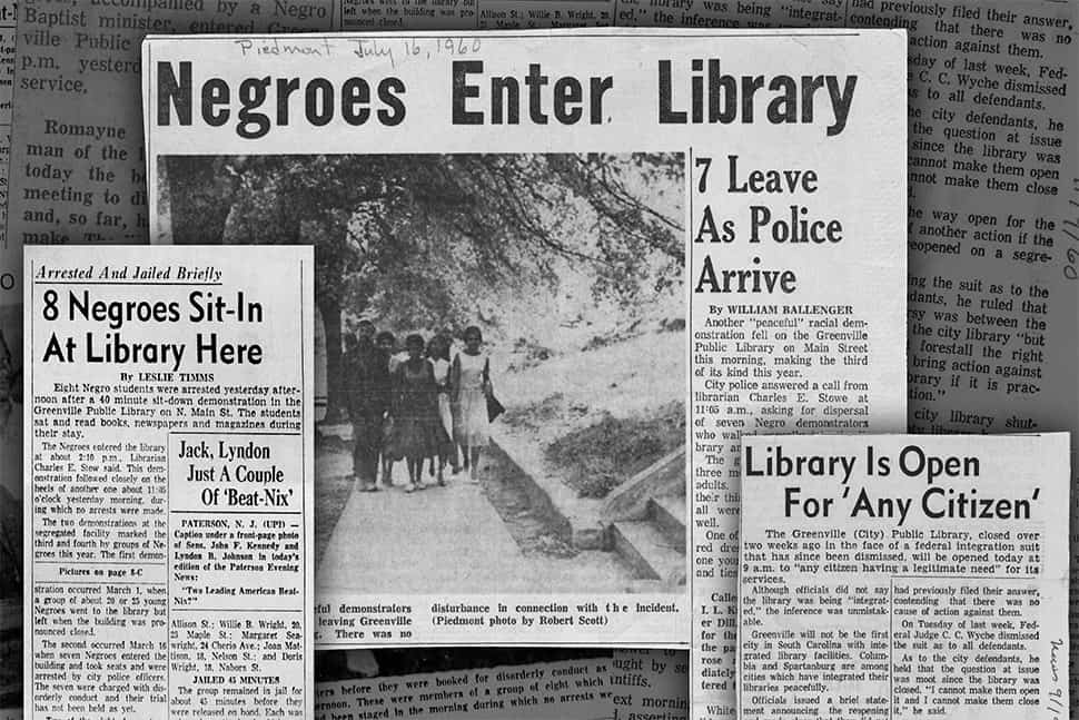 Three newspaper clippings. Headlines from left to right read: "8 Negroes Sit-In At Library Here", "Negroes Enter Library: 7 Leave as Police Arrive", "Library Is Open For 'Any Citizen'"