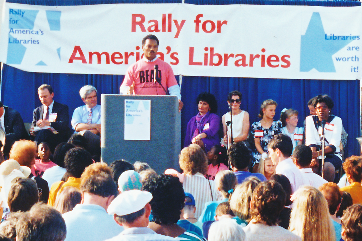 Jesse Jackson speaking at the Rally for America's Libraries in front of a large crowd