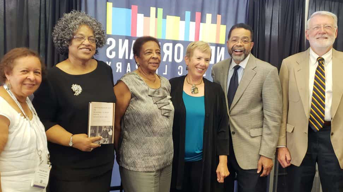 (Left to right) Teri Moncure Mojgani, Joan Mattison Daniel, Ethel Adolphe, Shirley Wiegand, Ibrahim Mumin, and Wayne Wiegand at the panel discussion on “Hidden Figures in American Library History: The Desegregation of Public Libraries in the Jim Crow South,” New Orleans Public Library, June 24, 2018.