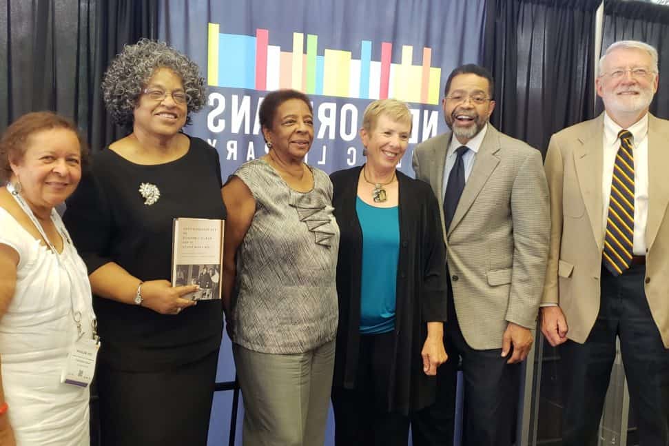 (Left to right) Teri Moncure Mojgani, Joan Mattison Daniel, Ethel Adolphe, Shirley Wiegand, Ibrahim Mumin, and Wayne Wiegand at the panel discussion on “Hidden Figures in American Library History: The Desegregation of Public Libraries in the Jim Crow South,” New Orleans Public Library, June 24, 2018.