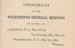 The conference program for the ALA Annual Conference at Lakewood, New Jersey, Baltimore, Maryland, and Washington, D. C., in 1892.