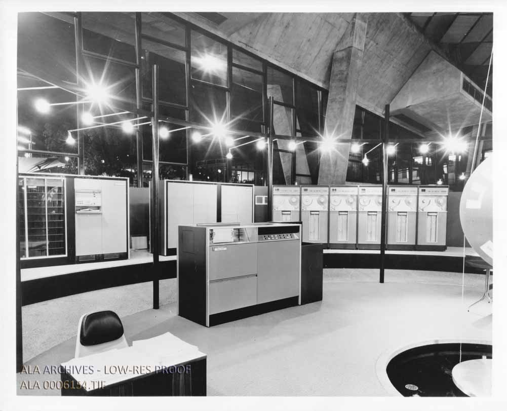 View of UNIVAC machines in the first circle of the Library 21 exhibit.