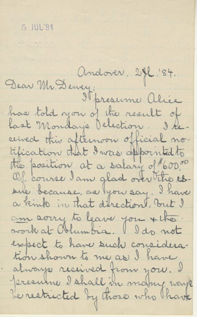 A letter from Adelaide Eaton to Melvil Dewey from July 2, 1884.