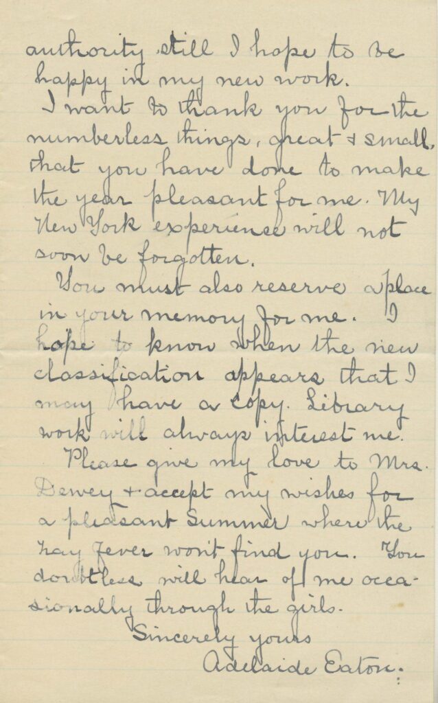 A letter from Adelaide Eaton to Melvil Dewey from July 2, 1884.