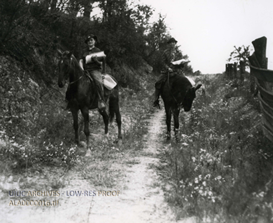 Two librarians on horseback delivering books, part of the Tennessee Valley Authority Pack Horse Library. Source: ALA Archives