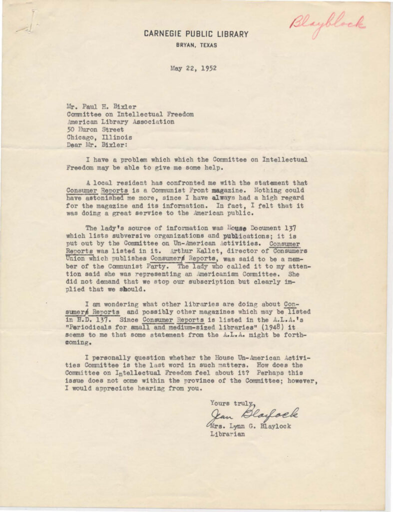 Letter from Lynn Blaylock to the Intellectual Freedom Committee.