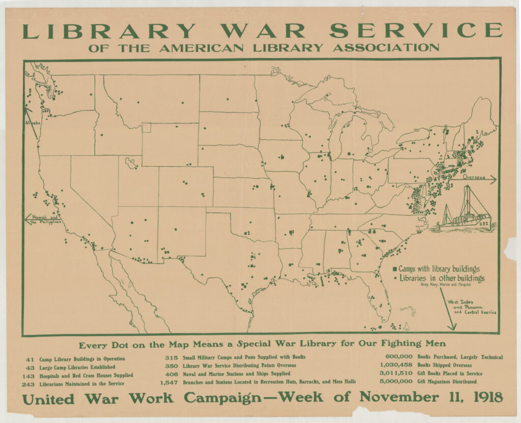 World War I poster with map of the United States with a dot for every war library, circa 1918. From the ALA Archives.