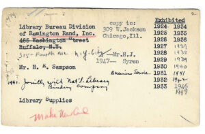 An index card tracking an ALA conference exhibition hall exhibitor from 1924-1947.