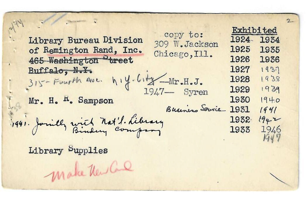 An index card tracking an ALA conference exhibition hall exhibitor from 1924-1947.