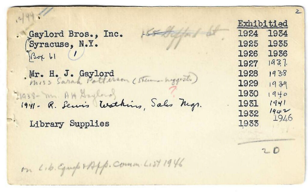 An index card tracking an ALA conference exhibition hall exhibitor from 1924-1946.