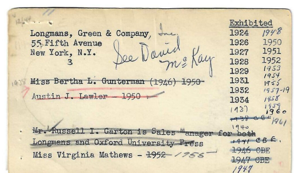 An index card tracking an ALA conference exhibition hall exhibitor from 1924-1961.