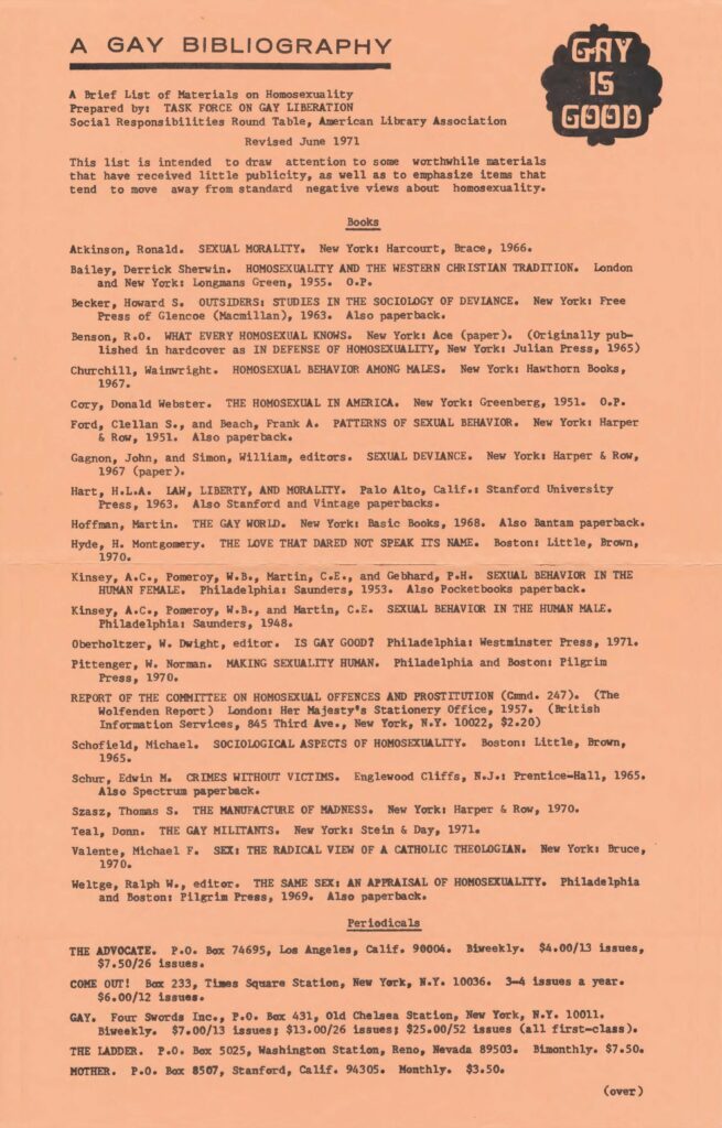 "A Gay Bibliography," produced by the Task Force on Gay Liberation, June 1971.
