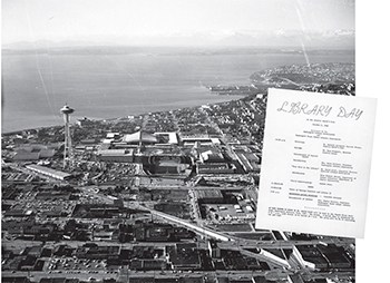 An aerial photo of the Century 21 Exposition in 1962 Seattle. Inset: a Library Day flier. Photo: Overview of Seattle, City Light Photographic Negatives, Seattle Municipal Archives