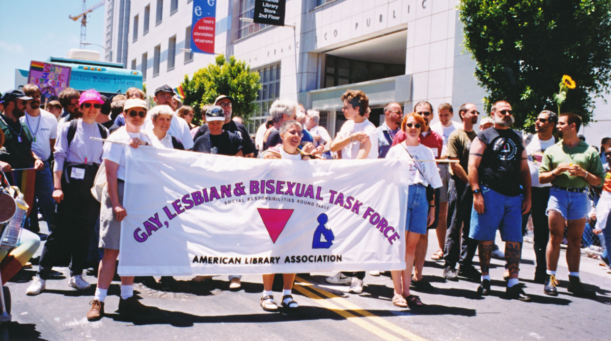 The Gay, Lesbian, and Bisexual Task Force marching in San Francisco's Pride Parade, June 1997. From the ALA Archives.