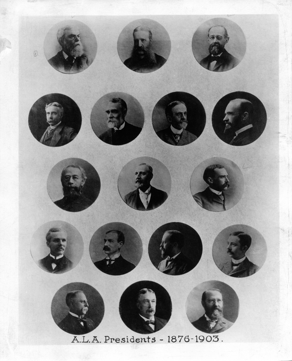 Portraits of ALA Presidents from 1876-1903, excluding K. A. Linderfelt.