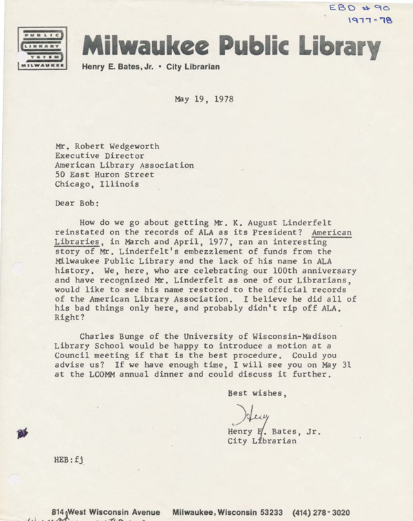 Letter from Henry E. Bates, Jr. to Robert Wedgeworth, May 19, 1978.