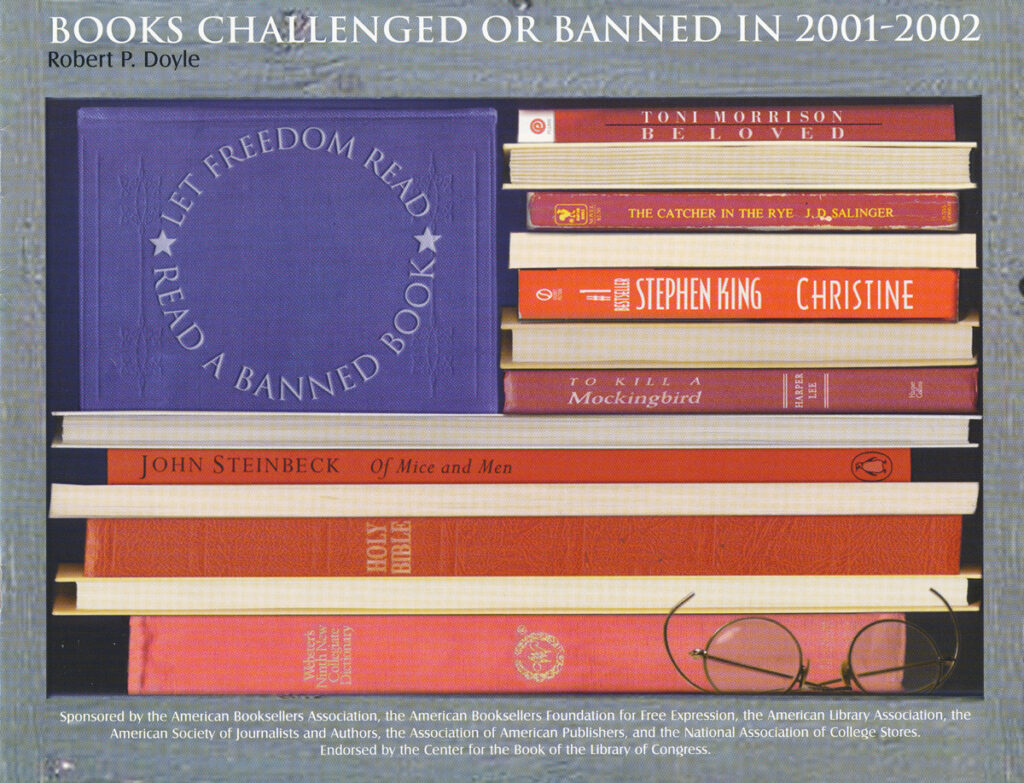 The cover of Books Challenged or Banned in 2001-2002 list by Robert P. Doyle.