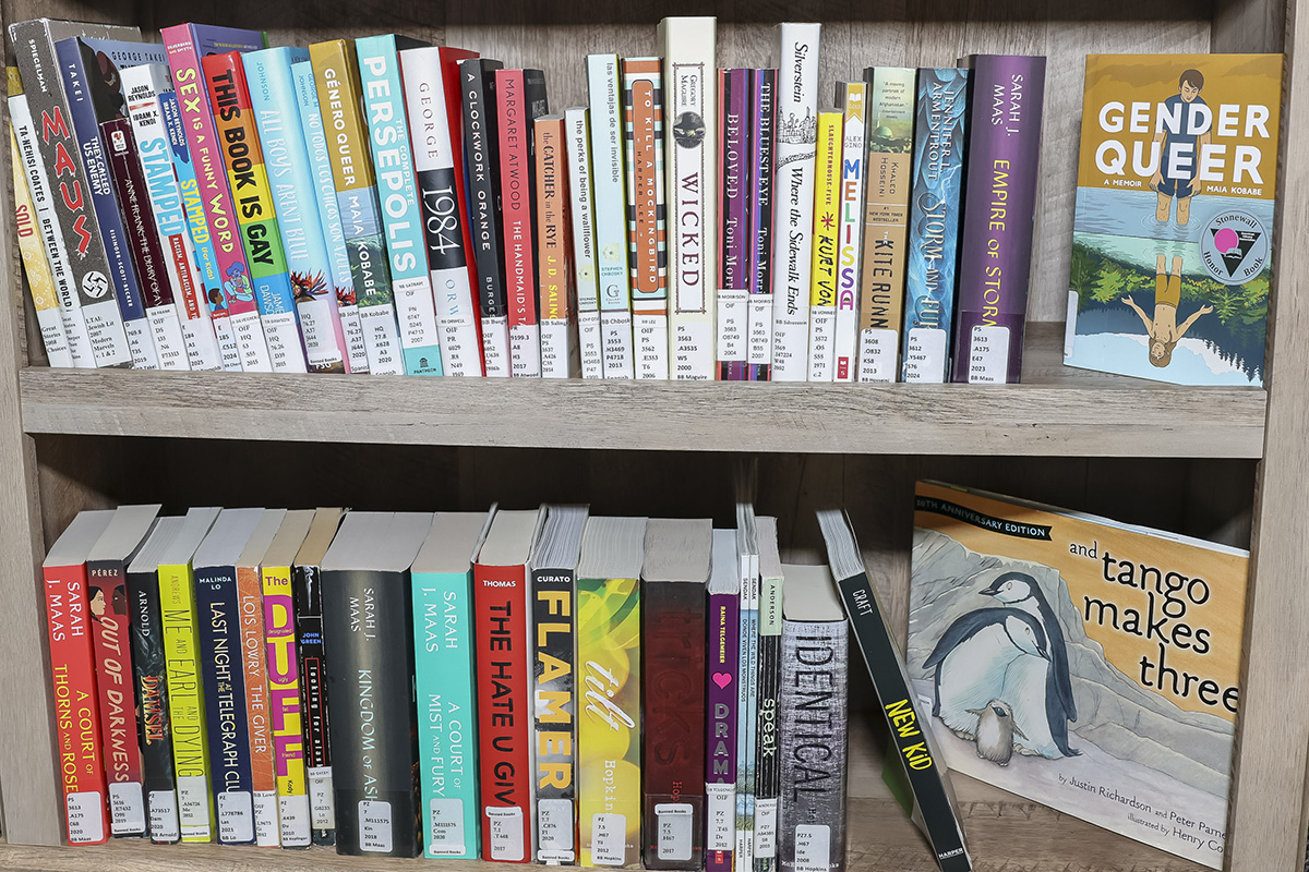 Two shelves filled with books that have been historically banned or challenged. Facing outward on the right are "Gender Queer: A Memoir" (top) and "And Tango Makes Three" (bottom)