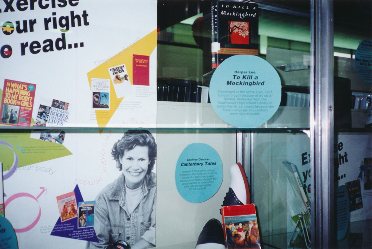 Author Judy Blume and the books "To Kill a Mockingbird" and "Canterbury Tales" are featured in a library's Banned Books Week display.