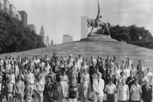 Members of the ALA Council from the 1976 Annual Conference standing in Grant Park in Chicago. A statue of General John Logan is visible in the right background.