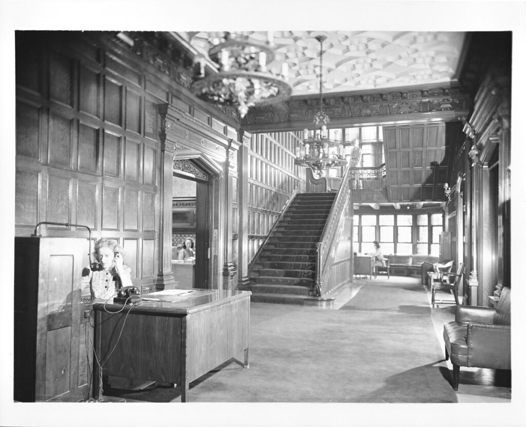 The interior of the McCormick Mansion, complete with a grand staircase that ghosts would surely enjoy going up and down. From the ALA Archives.